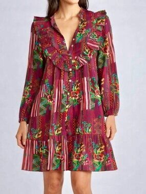 Ro's Garden Purple Floral Long Sleeve Ruffle Mini Dress NWT Size M